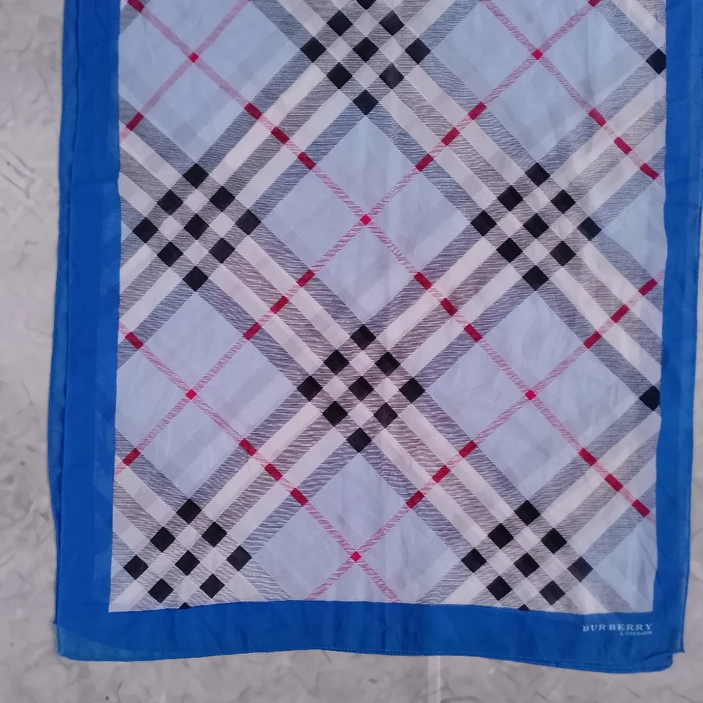 Vintage Burberry Check Handkerchief Scarf Blue Border 60x20 Classic Designer - Picture 5 of 10